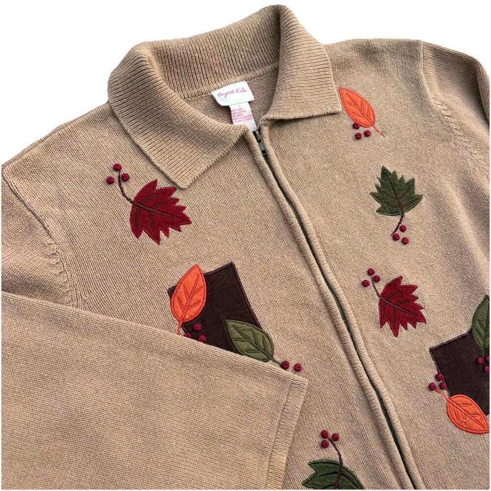 90s Zip Up Knit Cardigan Sweater Leaf Embroidered Fall Cottagecore M Cozy Boho